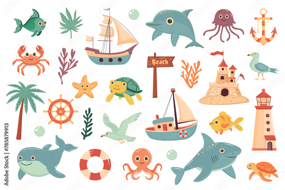 Naklejka premium Nautical summer set. Cute sea animals, nautical elements, marine plants. Summer holidays, tropical vacation, maritime, sea coast, marine life, nautical concept.