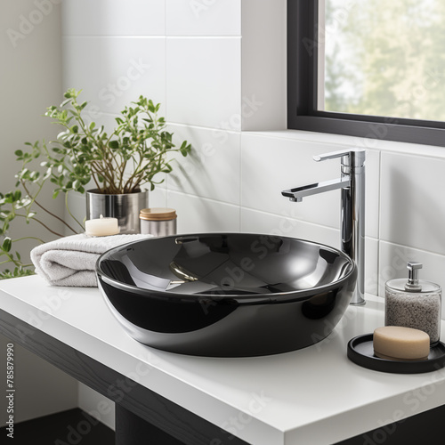 black sink in stylish bathroom interior © Katrin_Primak