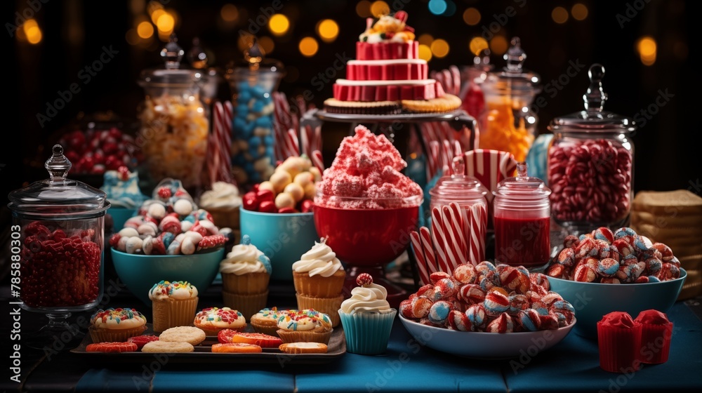 Carnival-themed desserts and treats arranged on a dessert table
