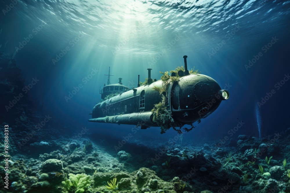 Deep Sea Dive: Submarine descending into the deep sea.