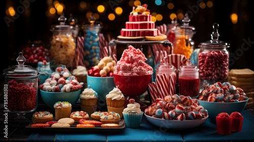Carnival-themed desserts and treats arranged on a dessert table