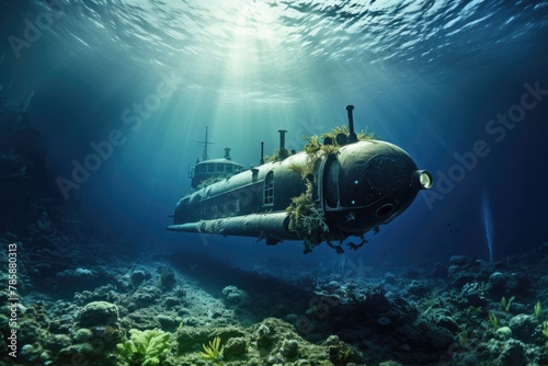 Deep Sea Dive: Submarine descending into the deep sea. © OhmArt