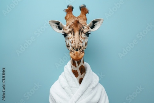 Giraffe in a white bathrobe with a relaxed expression on a blue background.