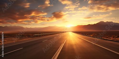 an image of a road at sunset under the cloudy and sunny sky behind mountains background