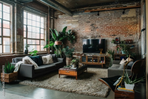 An industrial loft district transformed into trendy residential lofts, with exposed brick walls, open-concept living spaces, and chic urban decor, Generative AI photo