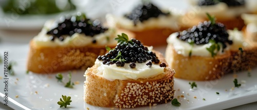  little toasts with black caviar and butter against a white hazy backdrop