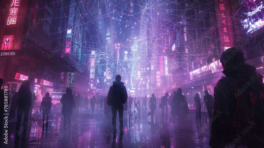 Neon Cyberpunk Cityscape: Network of Connected Minds