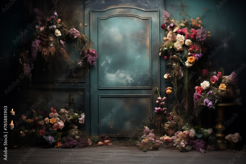 Maternity backdrop, wedding backdrop, photography background with delicate flowers and vintage door. - obrazy, fototapety, plakaty 