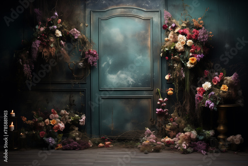 Maternity backdrop, wedding backdrop, photography background with delicate flowers and vintage door. © erika8213
