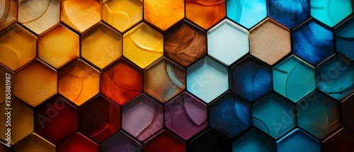 Artistic hexagonal skin patterns enhanced by nutrient-rich extracts, flat, festive carnival background,