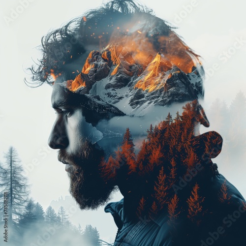 a person with mountains in impressive double exposure image photo