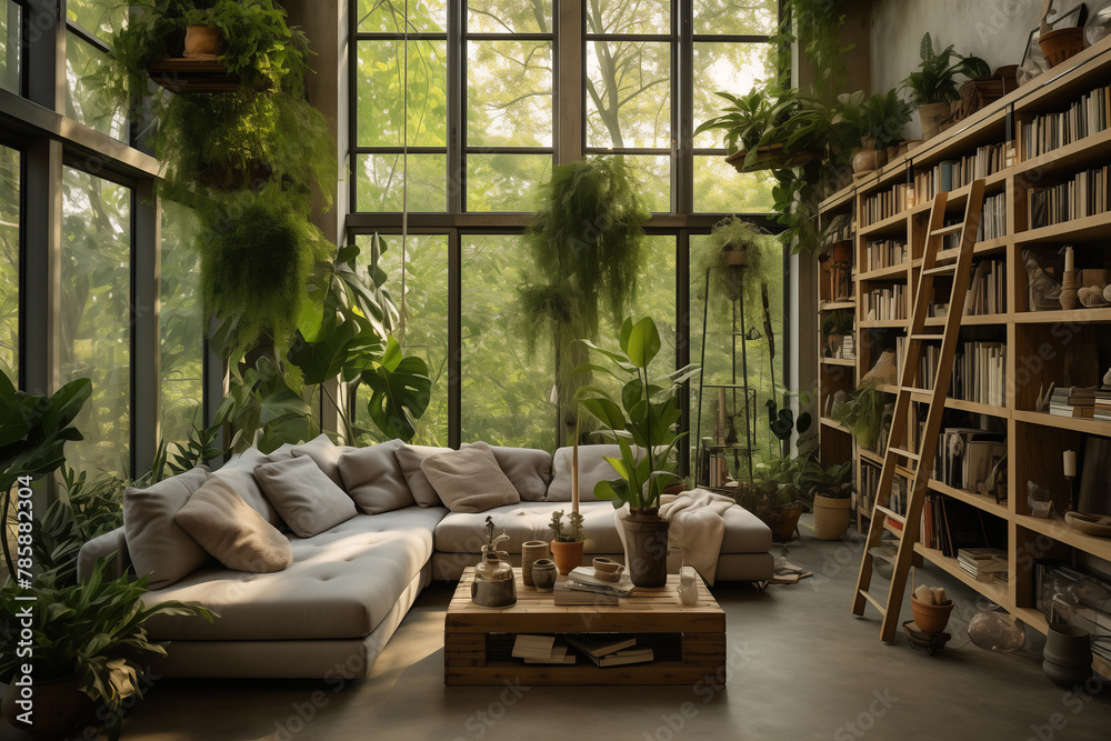 Nature lover house concept. Moder living room design with green plants.