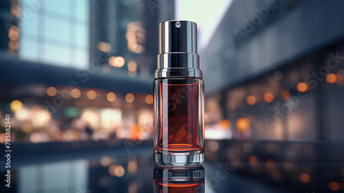 Dramatic 3D render of advanced skin protection serum, blurred urban background,