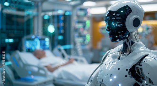 AI system in hospital, analyzing patient data, diagnosing diseases, real-time, revolutionizing patient care, medical data analysis, humanoid robot, sovereign AI, without human doctors