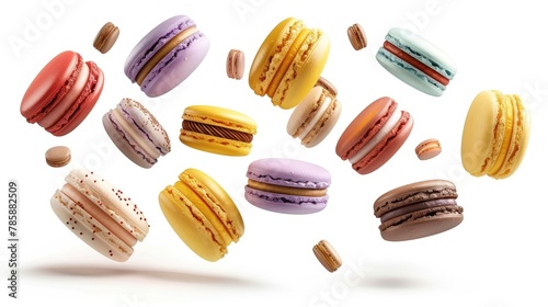 Various colorful of macarons floating on the air isolated on clean png background, Desserts sweet cake concept, with, Generative Ai