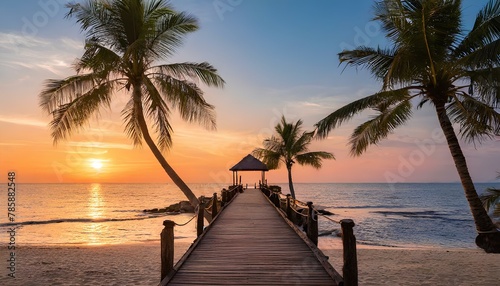 Wooden pier on tropical beach with palm trees and blue sky during sunset,red and yellow light