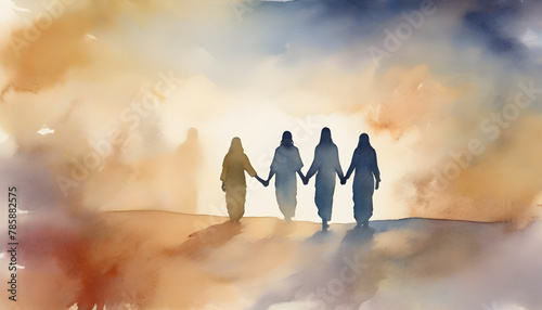 Watercolor painting of people holding hands with Jesus Christ.