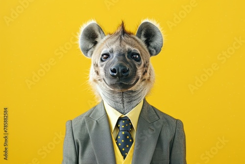 Hyena in a business suit and black tie on a yellow background.