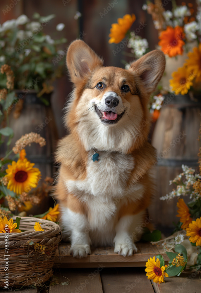 whimsical corgi dog sitting against a studio background decorated with colorful props