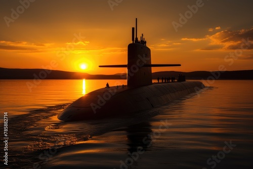 Submarine at Sunset: Submarine silhouette against a vibrant sunset.