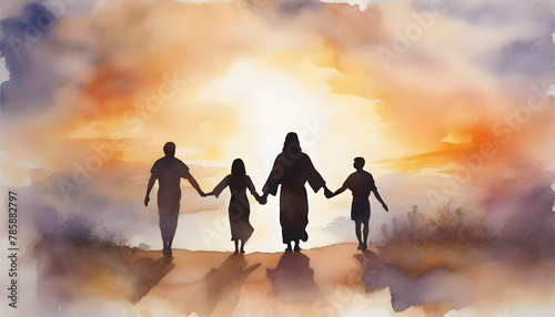 Watercolor painting of people holding hands with Jesus Christ. photo