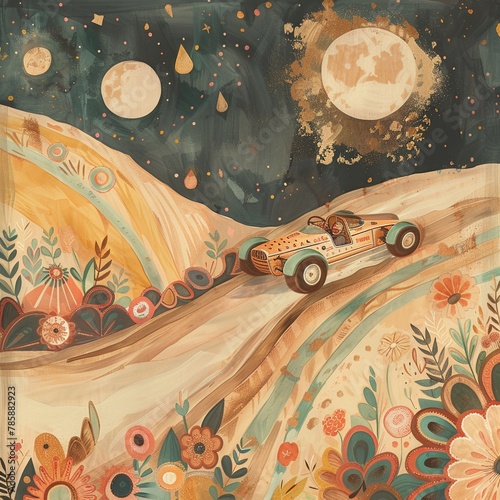 Moon buggy racing across a crater, leaving a trail of gold dust, speed of market changes