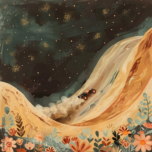 Moon buggy racing across a crater, leaving a trail of gold dust, speed of market changes