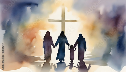 Watercolor painting of people holding hands with Jesus Christ.