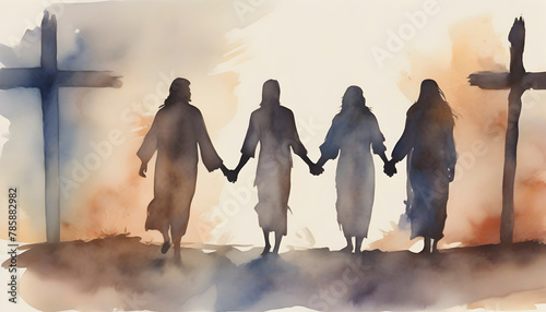 Watercolor painting of people holding hands with Jesus Christ. photo