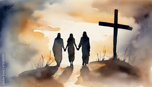 Watercolor painting of people holding hands with Jesus Christ.