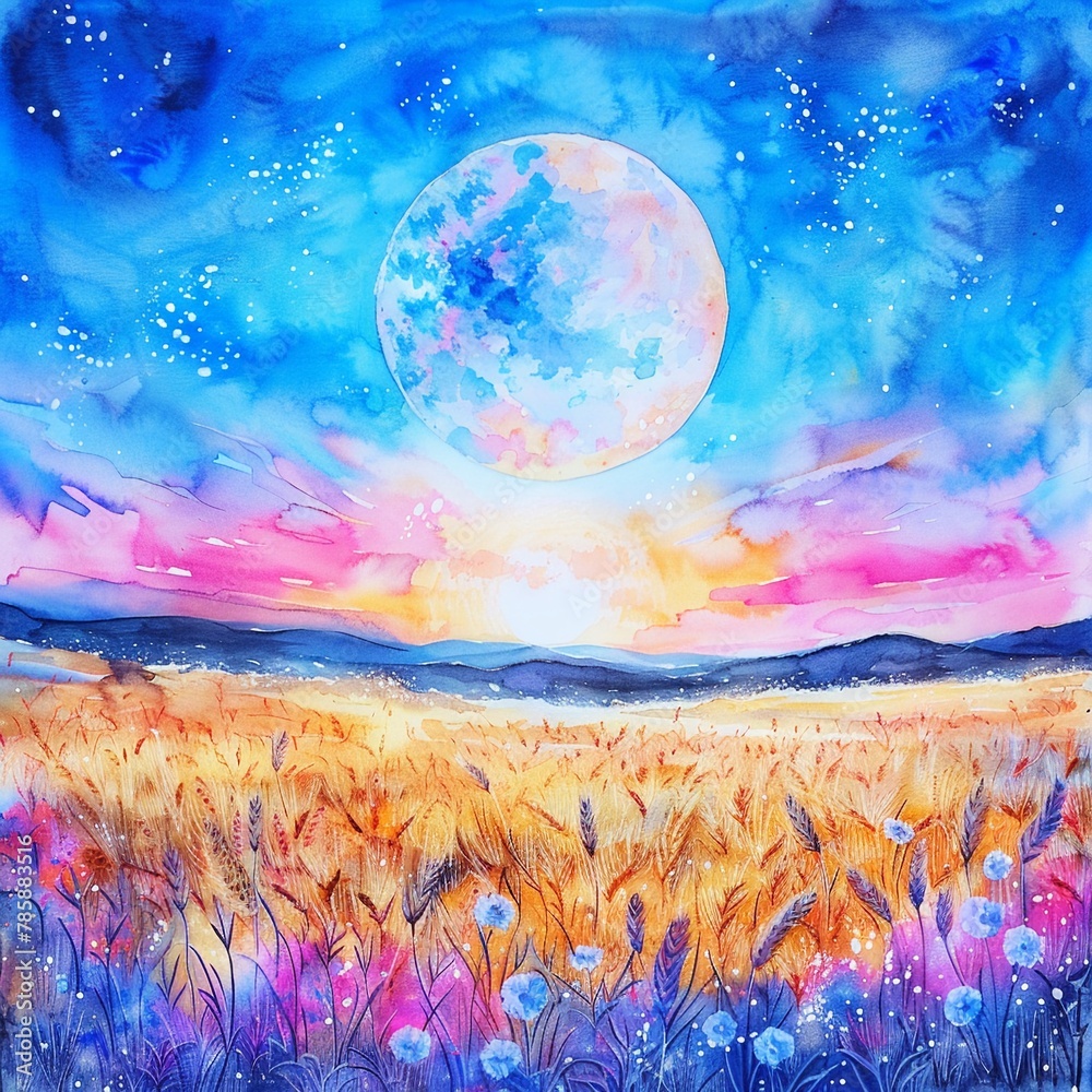 Dramatic moonrise over a golden wheat field, symbolizing agricultural stocks soaring