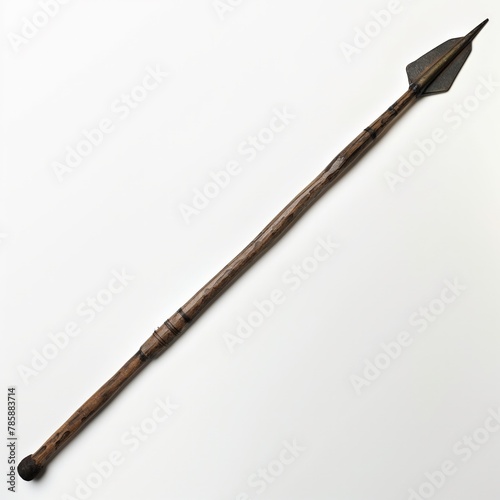 A vintage spear with a wooden shaft and metal tip, isolated on a white backdrop, symbolizing history and warfare.