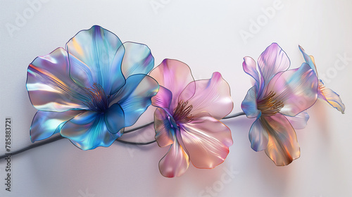 giant iridescent holographic flowers from a white wall