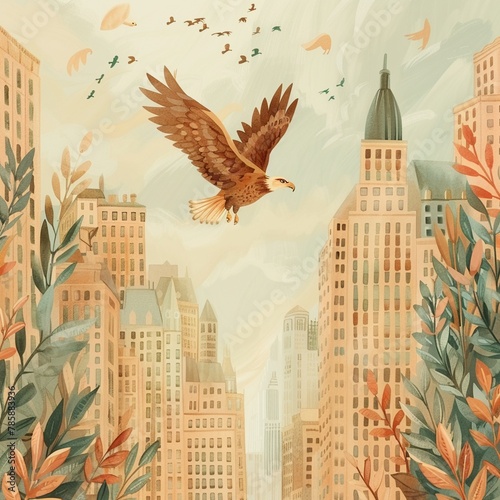 Golden eagle soaring above Wall Street  symbolizing freedom and high aspirations in trading