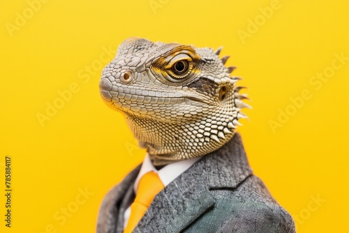 Iguana head on a human body in a business suit with a yellow tie against an orange background.