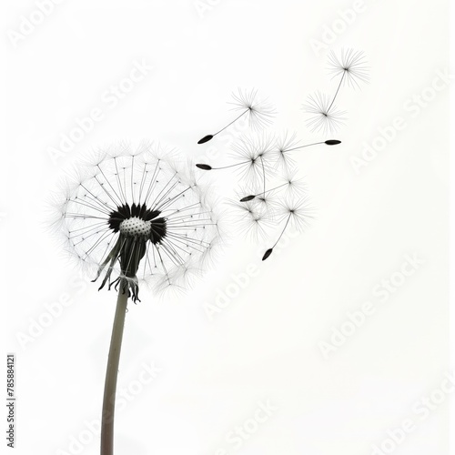 Minimalist capture of a dandelion with several seeds dispersing on a white background.