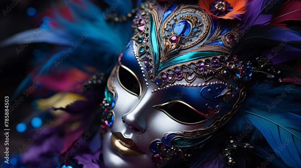 Close-up of a carnival mask with intricate feather detailing