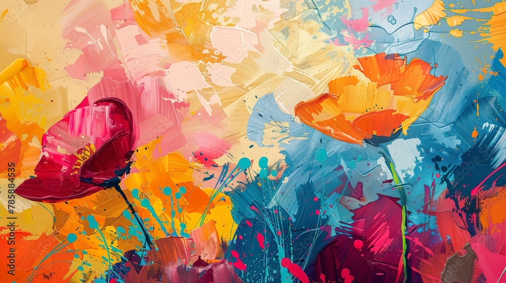 Dynamic abstract shapes and splashes in bold floral colors, representing a wildflower meadow in full bloom. 