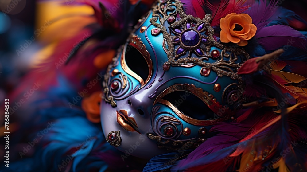 Close-up of a carnival mask with intricate feather detailing