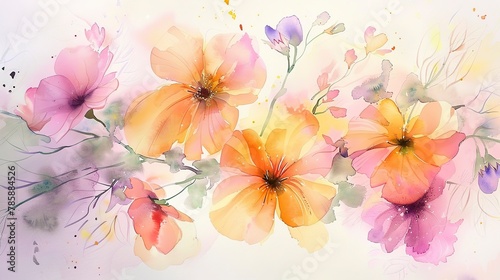 Soft watercolor washes blending pinks, yellows, and lavenders, evoking the gentle allure of spring flowers. 