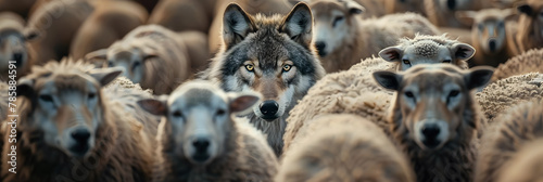 A cunning wolf blends in with sheep representing individuality amidst conformity or concealed threats. Concept Identity, Individuality, Deception, Survival, Blending In photo