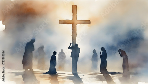 Watercolor painting of people praying in front of the cross.