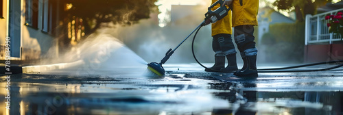 Workers using pressure washer to deep clean driveway for professional cleaning service. Concept Pressure Washing, Driveway Cleaning, Professional Service, Outdoor Maintenance, Workers at Work photo