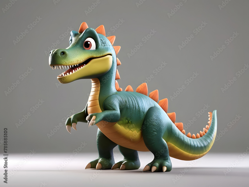 Obraz premium Amazing Illustration Art Cartoon character dinosaur & cat 3d illustration for children. Cute fairytale dinosaur & cat print for clothes, stationery, books, merchandise. Toy Dinosaur 3D character banne