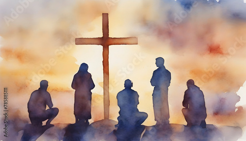 Watercolor painting of people praying in front of the cross.