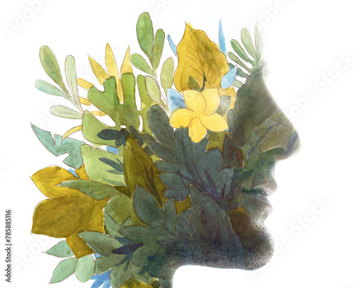 A floral paintography profile silhouette of a man on a white background