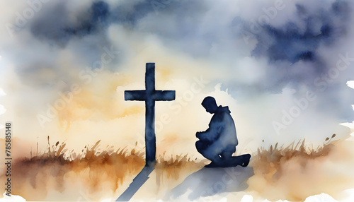 Watercolor painting of people praying in front of the cross.