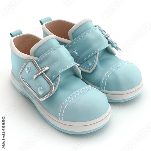 3D illustration of baby walking shoes, soft leather, pastel blue with velcro straps, highly detailed, on a white background.