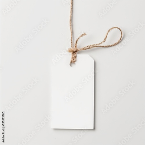 A simple blank white tag tied with twine, centered on a white surface, offering space for customization.