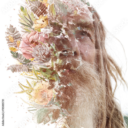 A paintography portrait of an old bearded man combined with floral painting